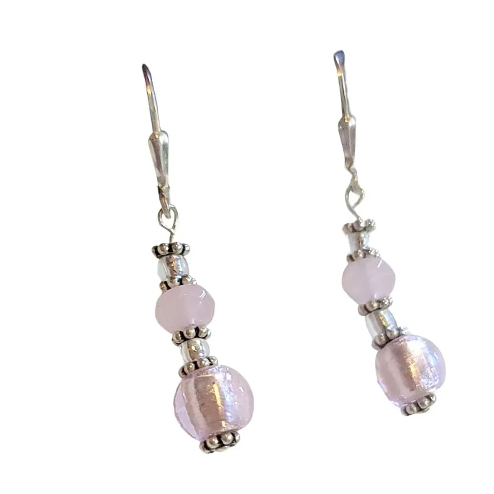 Vintage Sterling Silver 925 Shimmer Pink Bead Dangle Drop Earrings